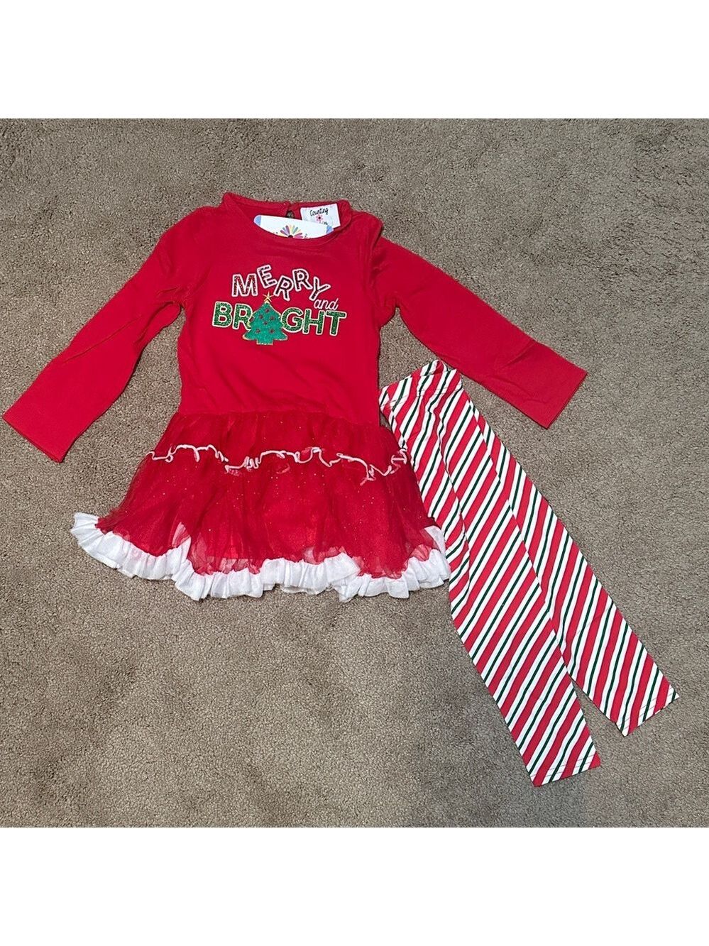 Red and White Holiday 2-piece Set with Striped Leggings
